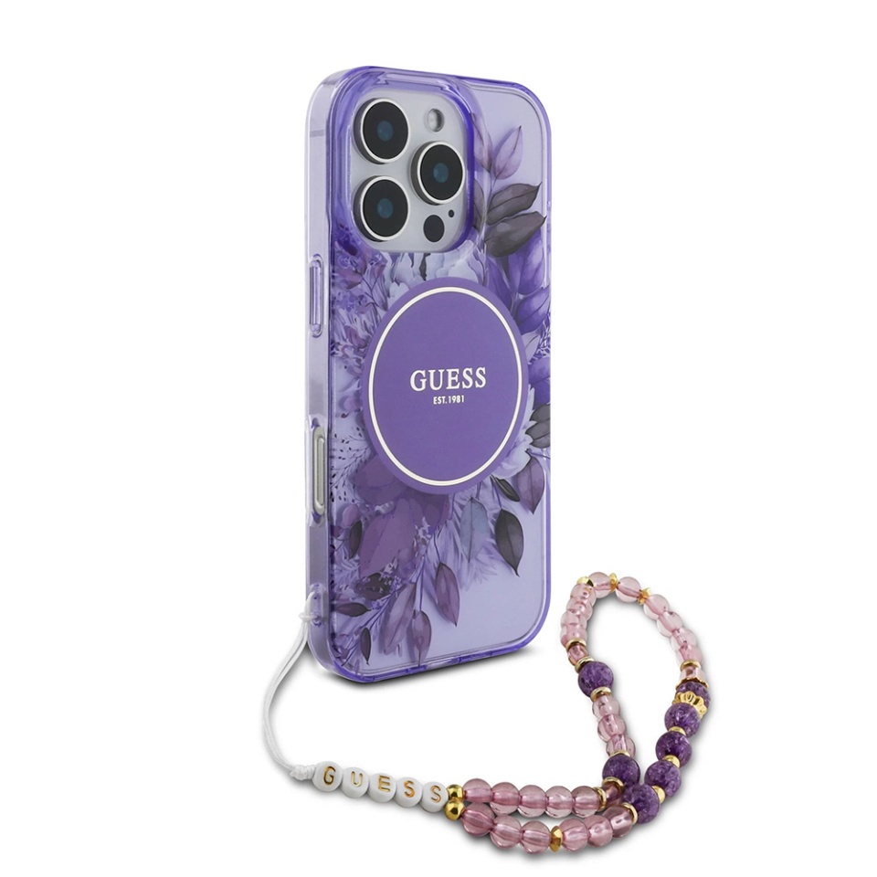 Husa pentru iPhone 16 Pro Max, IML Flowers with Pearl Strap MagSafe, Guess - Mov - 3 | YEO