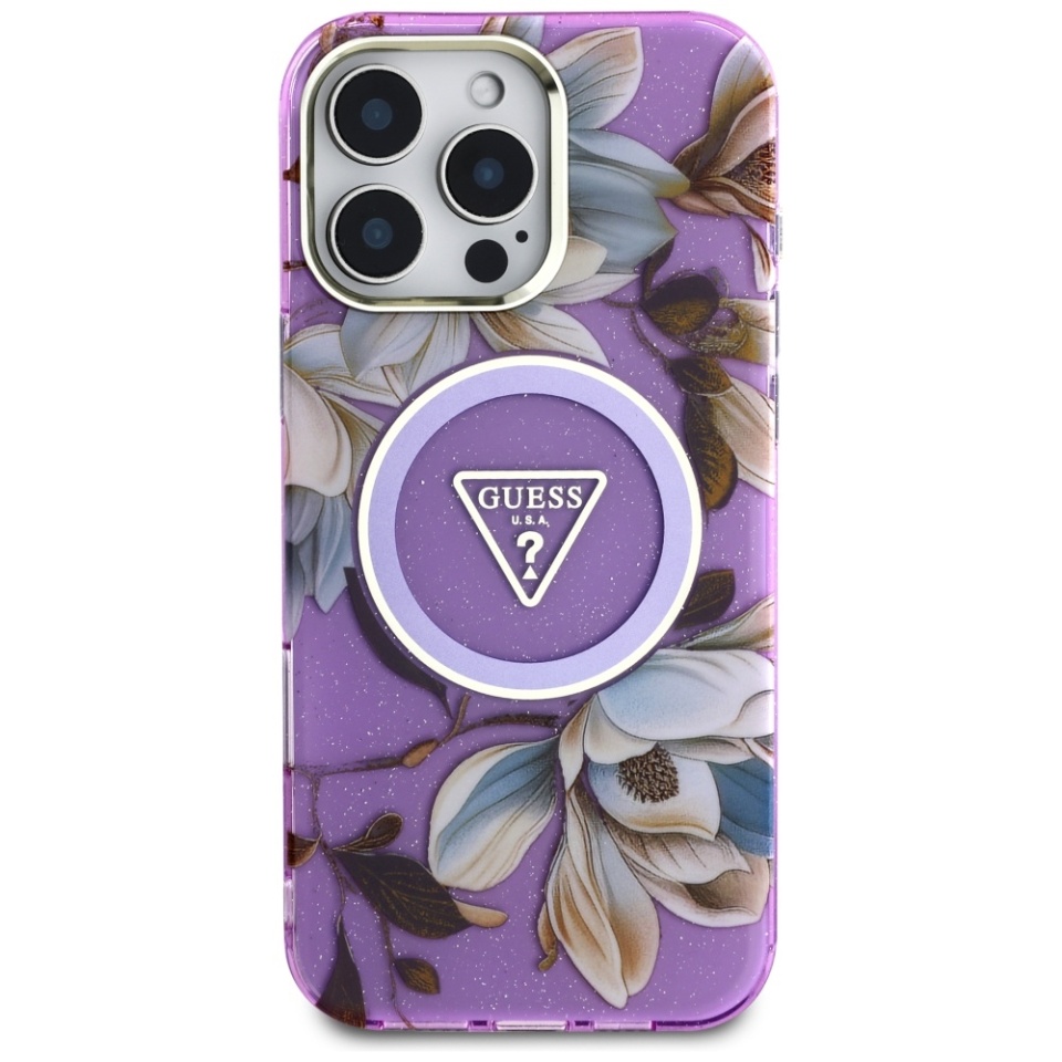 Husa pentru iPhone 16 Pro Max, IML Flowers with Pearl Strap MagSafe, Guess - Mov - 1 | YEO