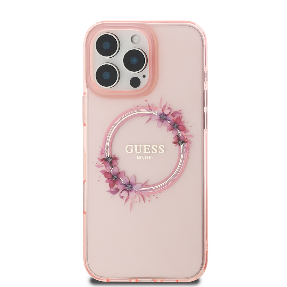 Husa pentru iPhone 16 Pro Max, IML Flowers Wreath MagSafe, Guess - Roz - 2 | YEO