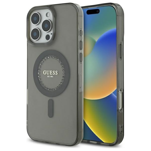 Husa pentru iPhone 16 Pro Max, IML Rhinestones MagSafe, Guess - Negru