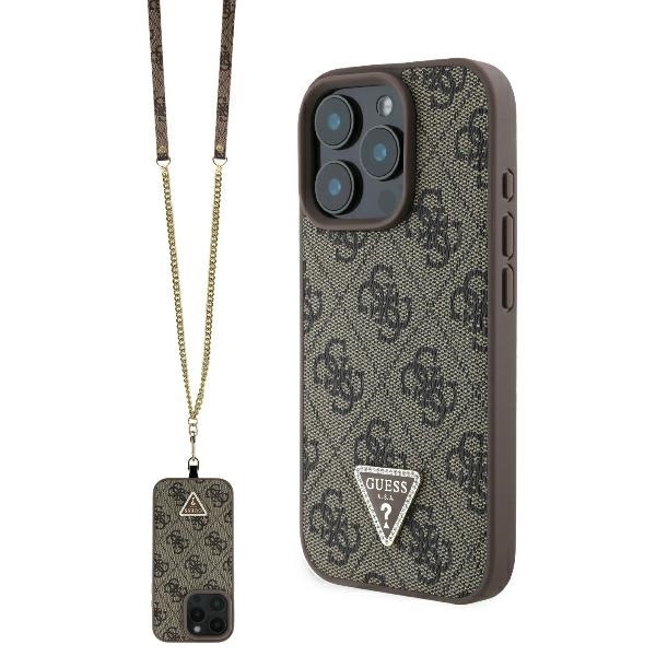 Husa pentru iPhone 16 Pro Max Leather Metal Logo Strass Crossbody, Guess - Maro