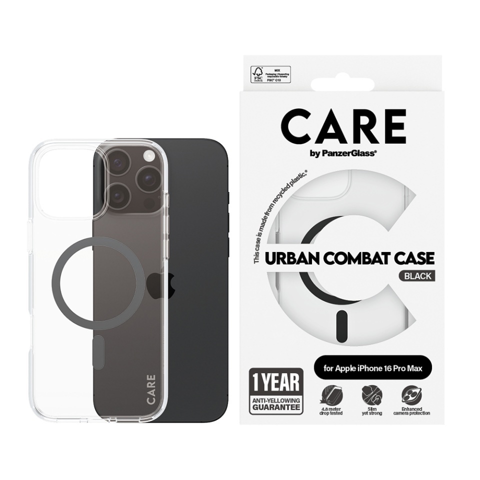Husa pentru iPhone 16 Pro Max, PanzerGlass, CARE Flagship Urban Combat Black MagSafe, Anti-Soc 4.8m, Anti-Ingalbenire, Design Slim, Compatibila MagSafe, Transparenta - 2 | YEO