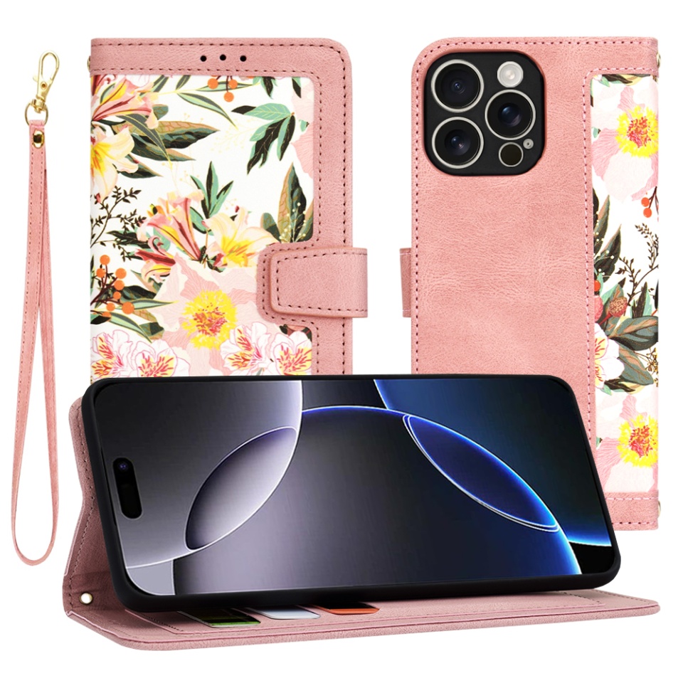 Husa pentru iPhone 16 Pro Max, SKYDDAR INNOVATION, Floral Wallet, din Piele Ecologică cu Design Floral, Protecție 360°, Stand Integrat, Buzunare pentru Carduri, Roz, set cu sticker