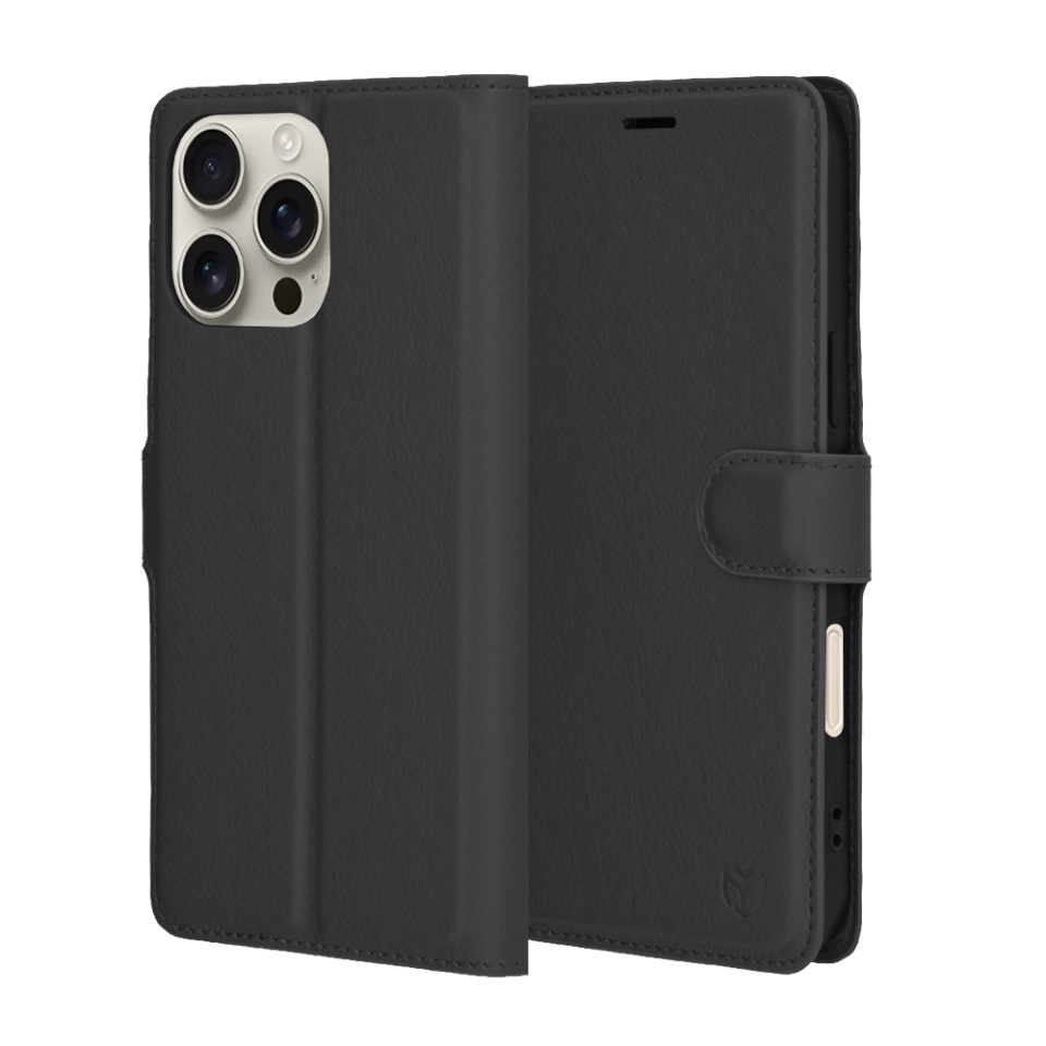 Husa pentru iPhone 16 Pro Max, SKYDDAR INNOVATION, Leather Folio, tip Carte, cu Portofel Interior, Finisaje Premium, Negru, set cu sticker