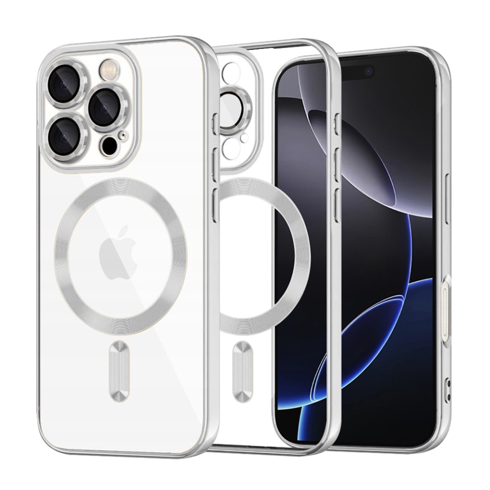 Husa pentru iPhone 16 Pro Max, SKYDDAR INNOVATION, Luxury Shield Magsafe, Protectie Antisoc, Argintiu, set cu sticker