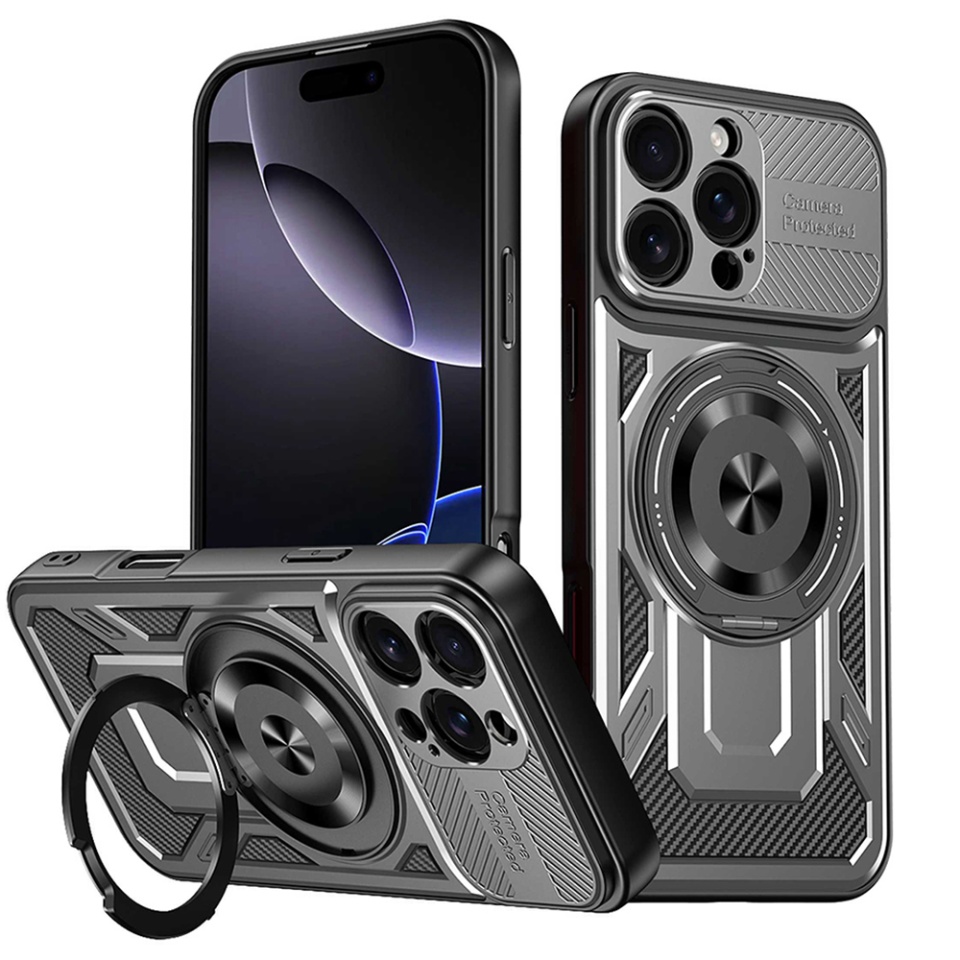 Husa pentru iPhone 16 Pro Max, SKYDDAR INNOVATION, RuggedCam, Inel magnetic antisoc, set cu sticker, Gri
