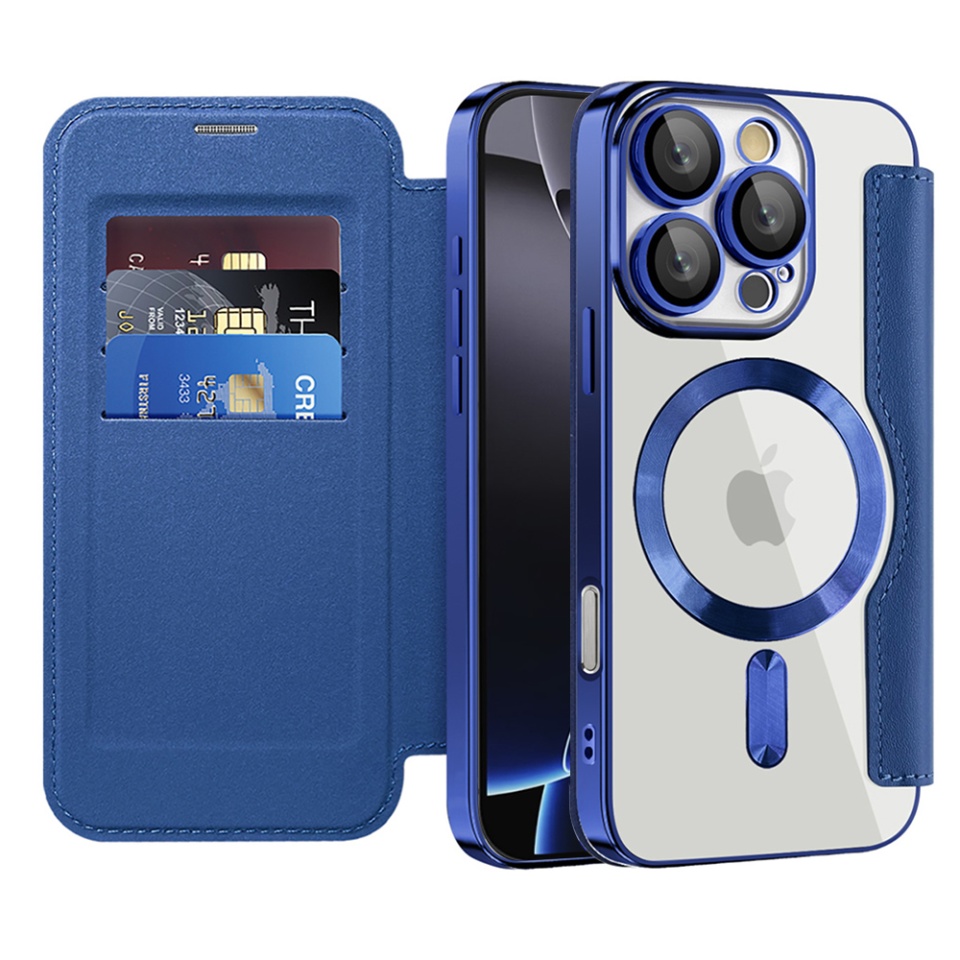 Husa pentru iPhone 16 Pro Max tip carte, SKYDDAR INOVATION, SmartMag Book, Magsafe, RFiD, Suport Carduri, set cu sticker, Albastru