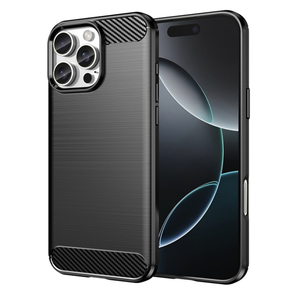 Husa pentru iPhone 16 Pro, SKYDDAR INNOVATION, Carbon Silicone, din Silicon Premium, Slim, cu textura Fibra Carbon, Negru, set cu sticker
