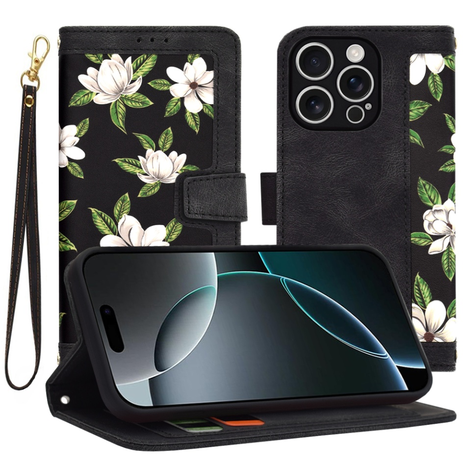 Husa pentru iPhone 16 Pro, SKYDDAR INNOVATION, Floral Wallet, din Piele Ecologică cu Design Floral, Protecție 360°, Stand Integrat, Buzunare pentru Carduri, Negru, set cu sticker