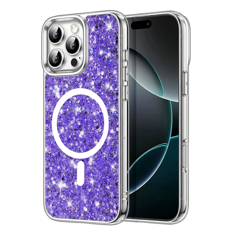 Husa pentru iPhone 16 Pro, SKYDDAR INNOVATION, SparkleCase, din Silicon cu Sclipici, Protectie Completa, set cu sticker, Mov