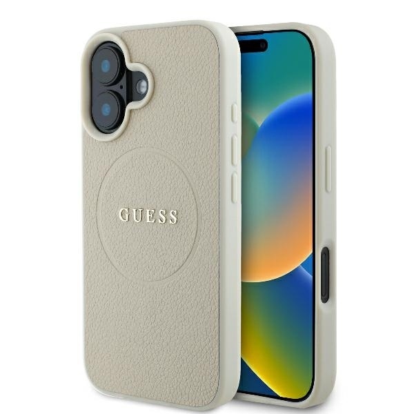 Husa pentru iPhone 16, Saffiano Iridescent Script, Guess, Bej