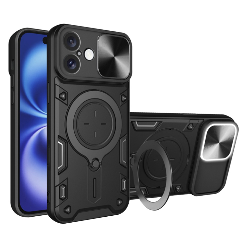 Husa pentru iPhone 16, SKYDDAR INNOVATION, CamGuard Pro, Inel Magnetic, Protectie Camera, Negru, set cu sticker