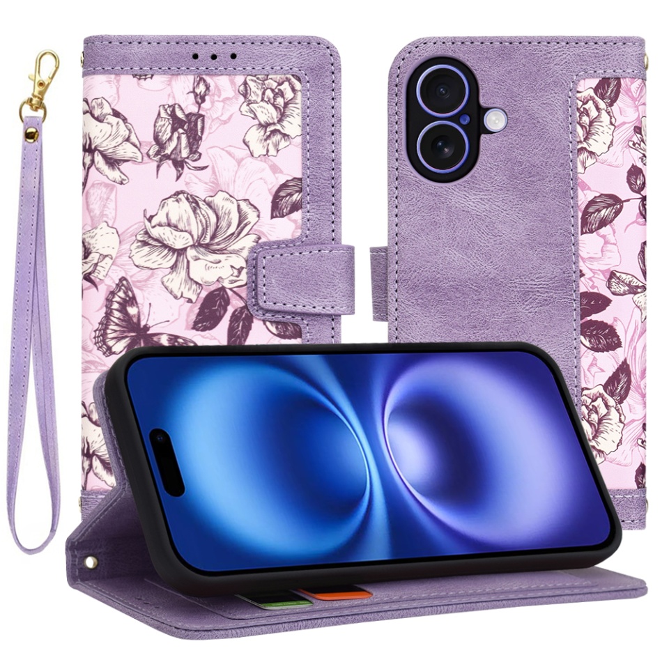 Husa pentru iPhone 16, SKYDDAR INNOVATION, Floral Wallet, din Piele Ecologică cu Design Floral, Protecție 360°, Stand Integrat, Buzunare pentru Carduri, Mov, set cu sticker