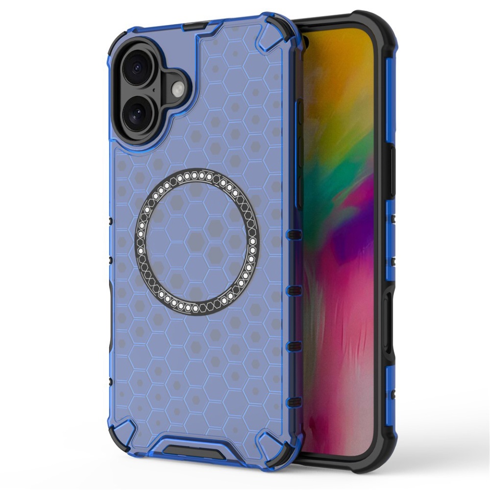 Husa pentru iPhone 16, SKYDDAR INNOVATION, HoneyComb Shield MagSafe, Antisoc, set cu sticker, Albastru