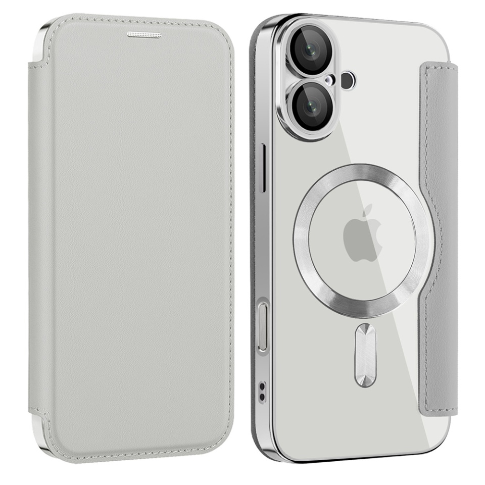 Husa pentru iPhone 16 tip carte, SKYDDAR INOVATION, SmartMag Book, Magsafe, RFiD, Suport Carduri, set cu sticker, Gri - 1 | YEO