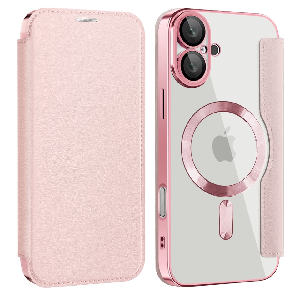 Husa pentru iPhone 16 tip carte, SKYDDAR INOVATION, SmartMag Book, Magsafe, RFiD, Suport Carduri, set cu sticker, Roz - 1 | YEO