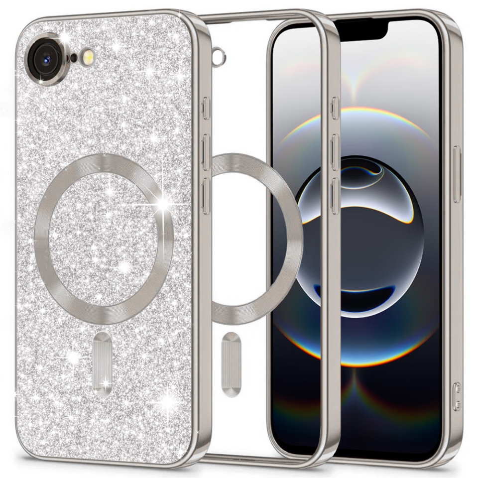 Husa pentru iPhone 16e, SKYDDAR INNOVATION, Luxury Glitter Magsafe, Antisoc, Fundal Detasabil 2-in-1, Protectie Superioara, Margini Ridicate, Argintiu, set cu sticker