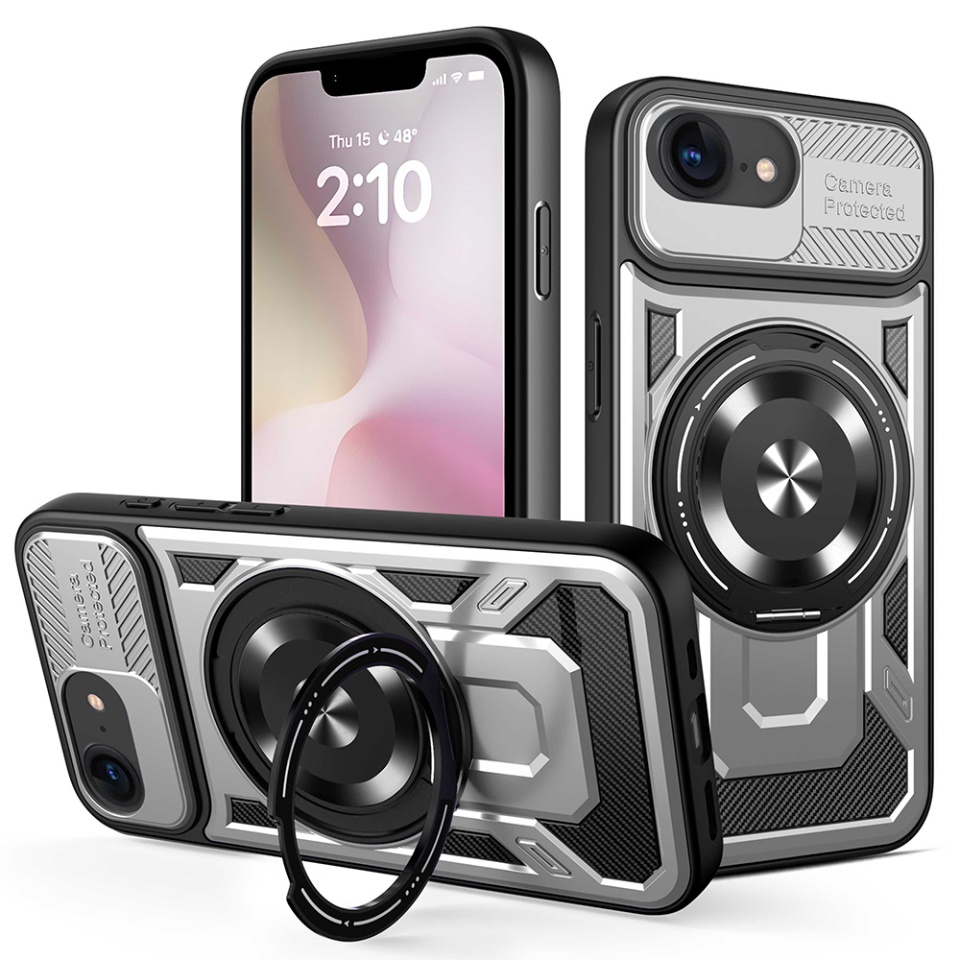 Husa pentru iPhone 16e, SKYDDAR INNOVATION, RuggedCam, Inel magnetic antisoc, set cu sticker, Gri