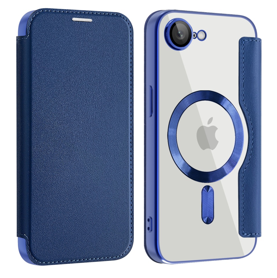 Husa pentru iPhone 16e tip carte, SKYDDAR INOVATION, SmartMag Book, Magsafe, RFiD, Suport Carduri, set cu sticker, Albastru - 1 | YEO
