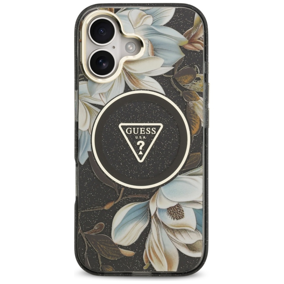Husa pentru iPhone 17, IML Flowers with Pearl Strap MagSafe, Guess - Negru - 1 | YEO