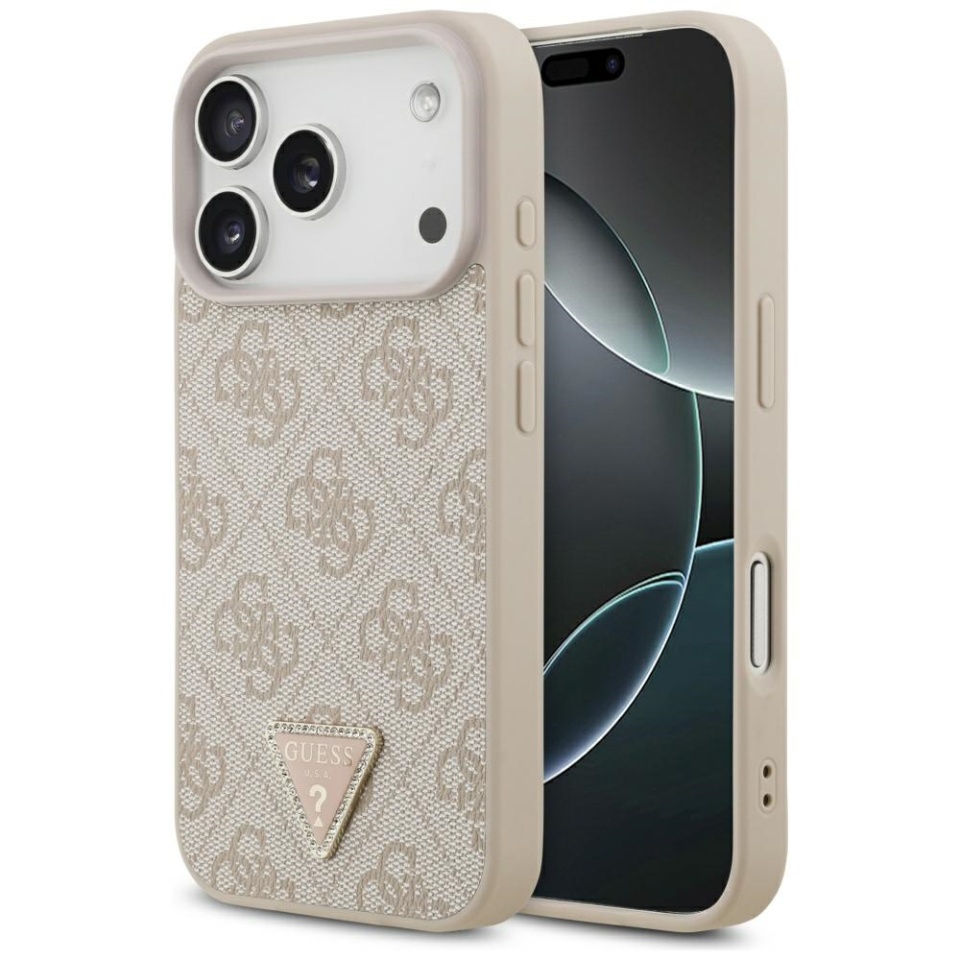 Husa pentru iPhone 17 Pro, Guess, Leather 4G Triangle Strass, Roz