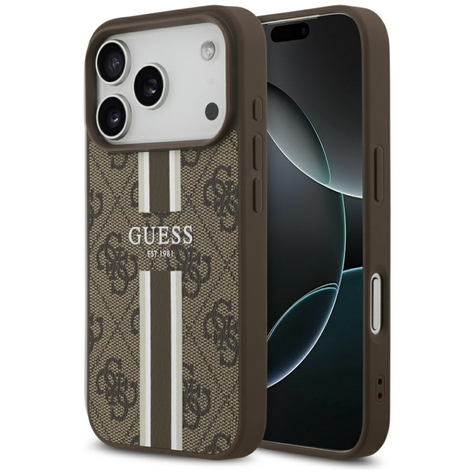 Husa pentru iPhone 17 Pro, Guess Printed Stripes MagSafe, Maro
