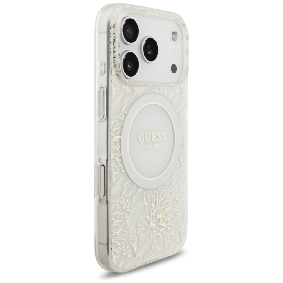 Husa pentru iPhone 17 Pro, IML Flowers with Pearl Strap MagSafe, Guess - Negru - 1 | YEO