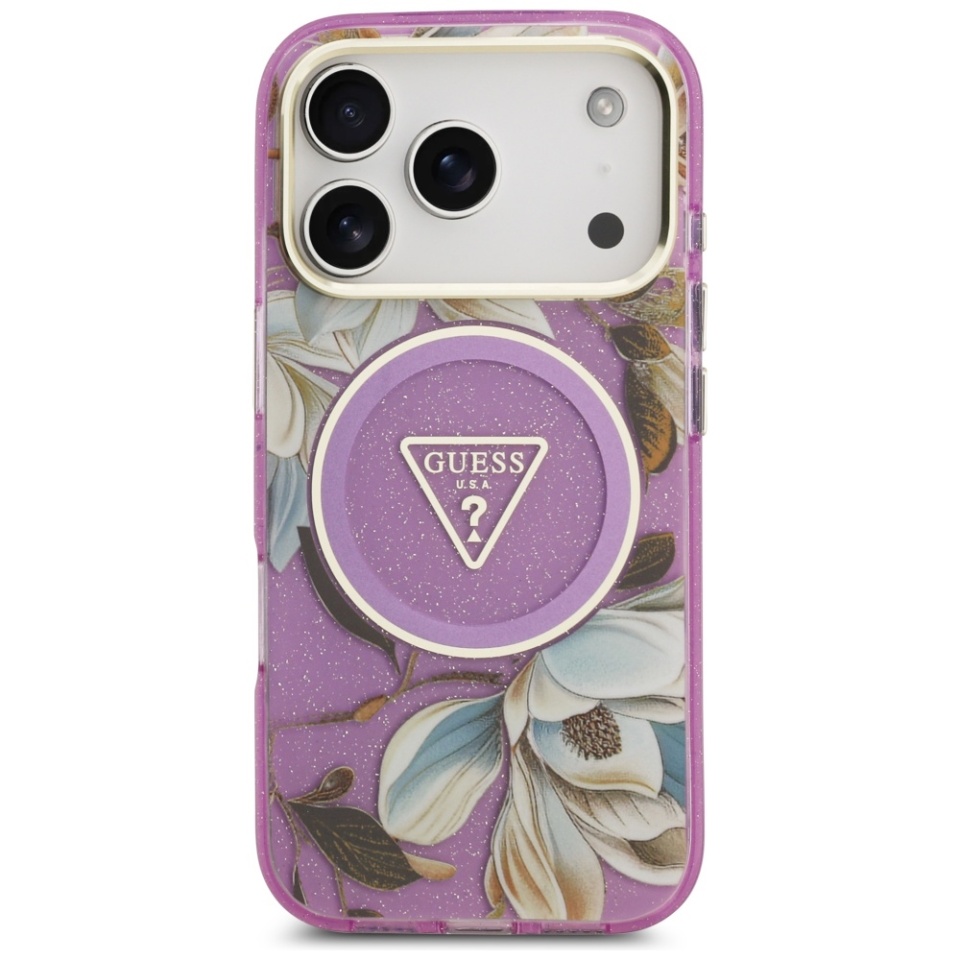 Husa pentru iPhone 17 Pro, IML Flowers with Pearl Strap MagSafe, Guess - Mov - 1 | YEO