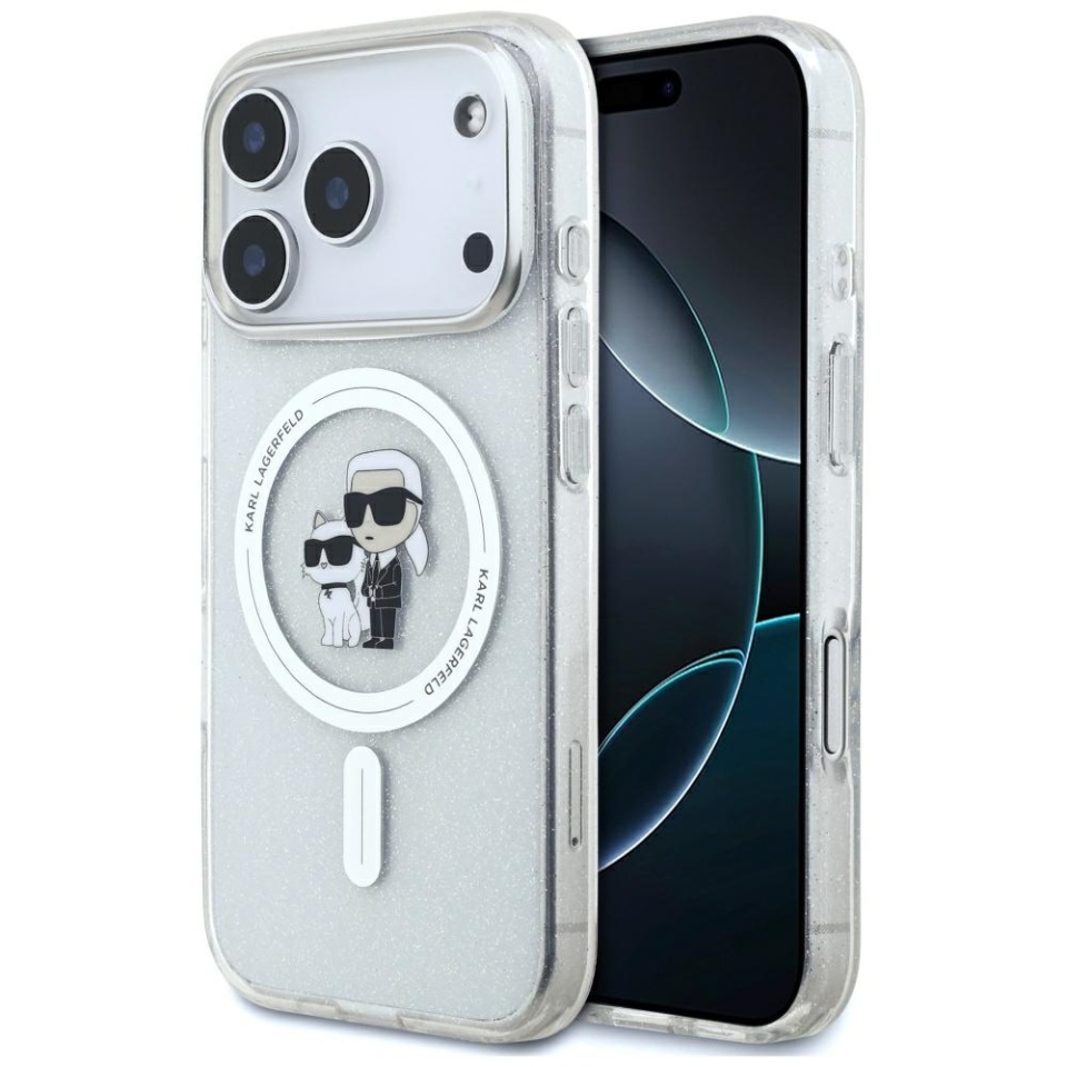 Husa pentru iPhone 17 Pro, IML Glitter K&C Heads Logo MagSafe, Clear Mono Karl&Choupette
