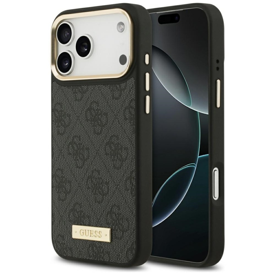 Husa pentru iPhone 17 Pro Max, Guess, Hardcase 4G Logo Plate MagSafe, Negru