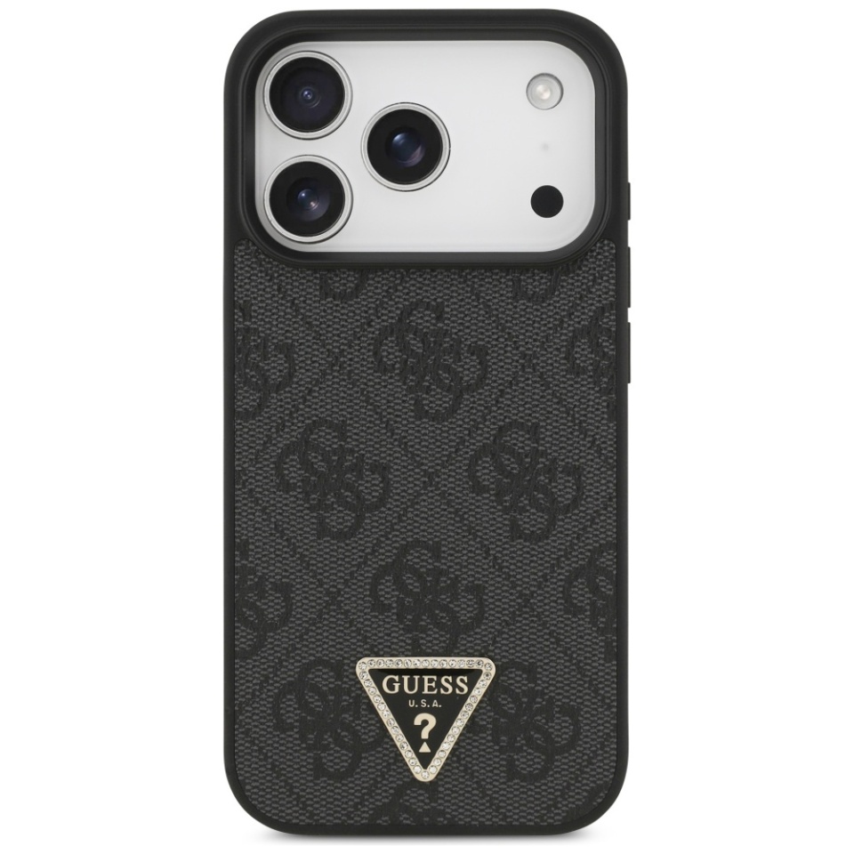 Husa pentru iPhone 17 Pro Max, Guess, Leather 4G Triangle Strass, Negru - 1 | YEO