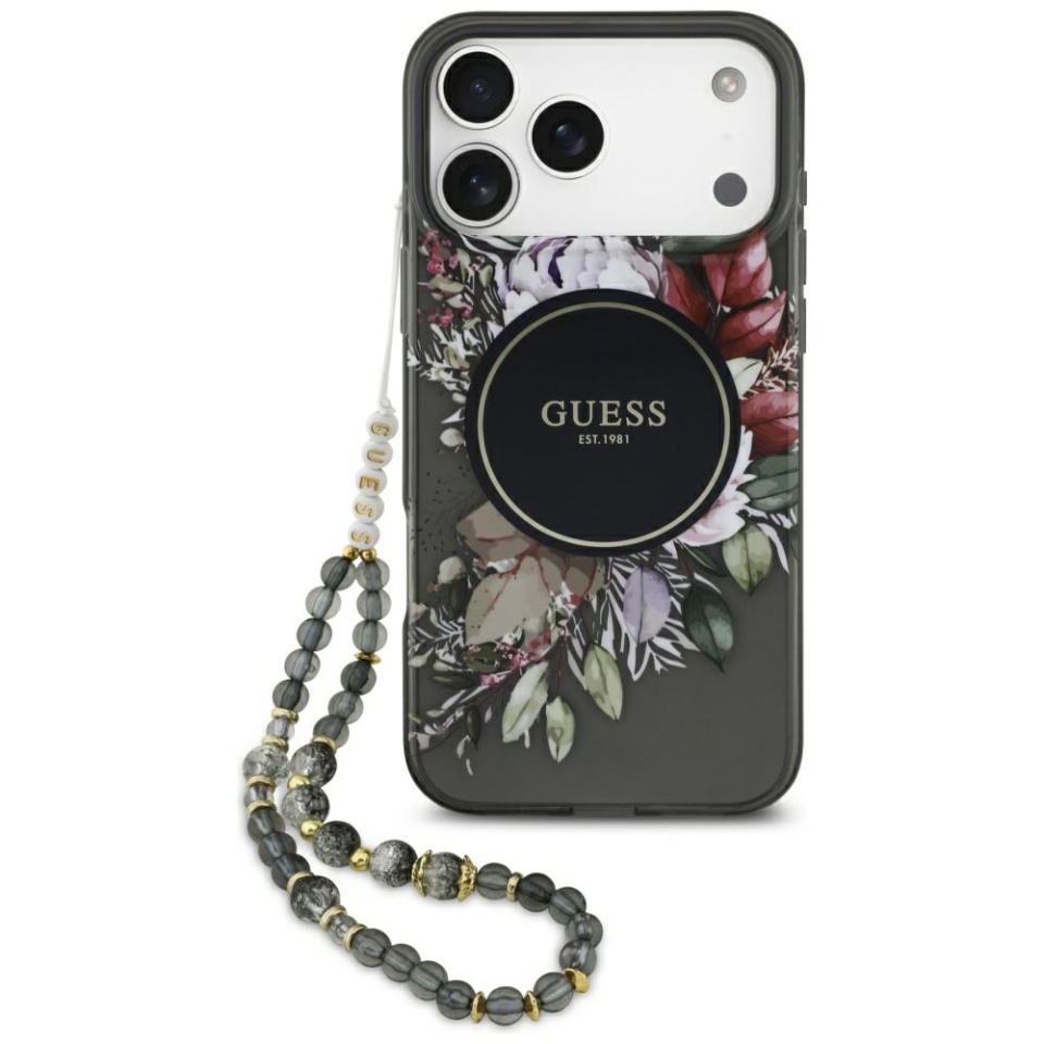 Husa pentru iPhone 17 Pro Max, IML Flowers with Pearl Strap MagSafe, Guess - Negru