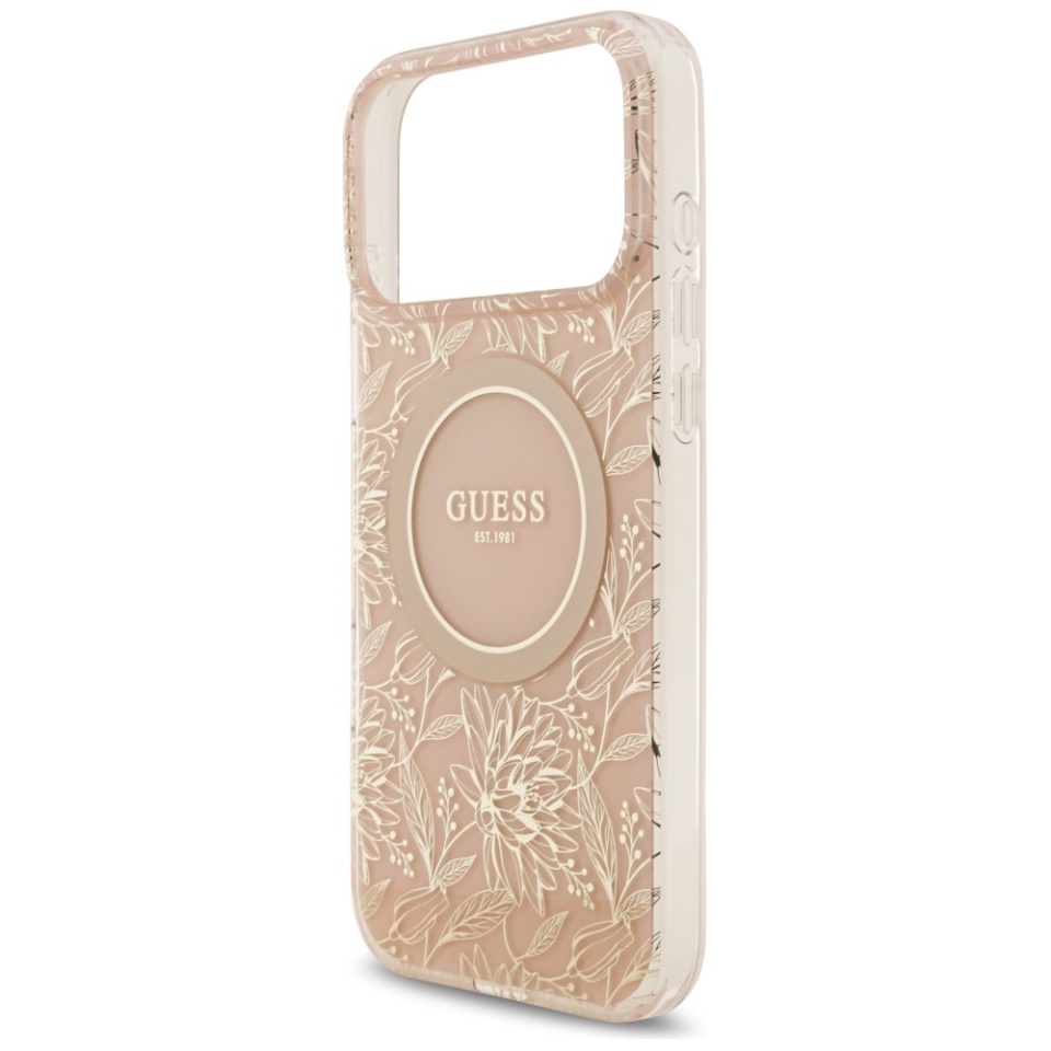 Husa pentru iPhone 17 Pro Max, IML Flowers with Pearl Strap MagSafe, Guess - Roz - 3 | YEO