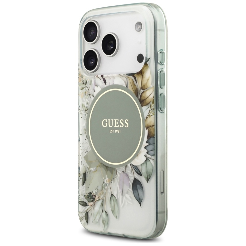 Husa pentru iPhone 17 Pro Max, IML Flowers with Pearl Strap MagSafe, Guess - Verde - 2 | YEO