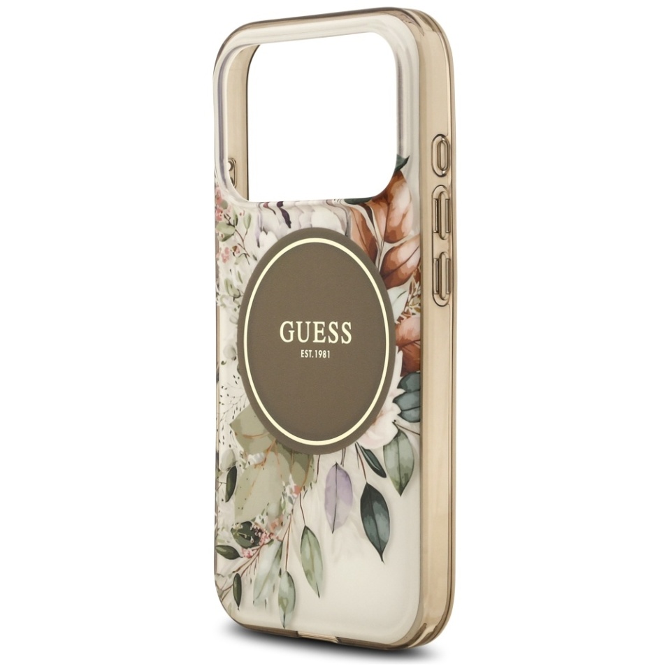 Husa pentru iPhone 17 Pro Max, IML Flowers with Pearl Strap MagSafe, Guess - Maro - 6
