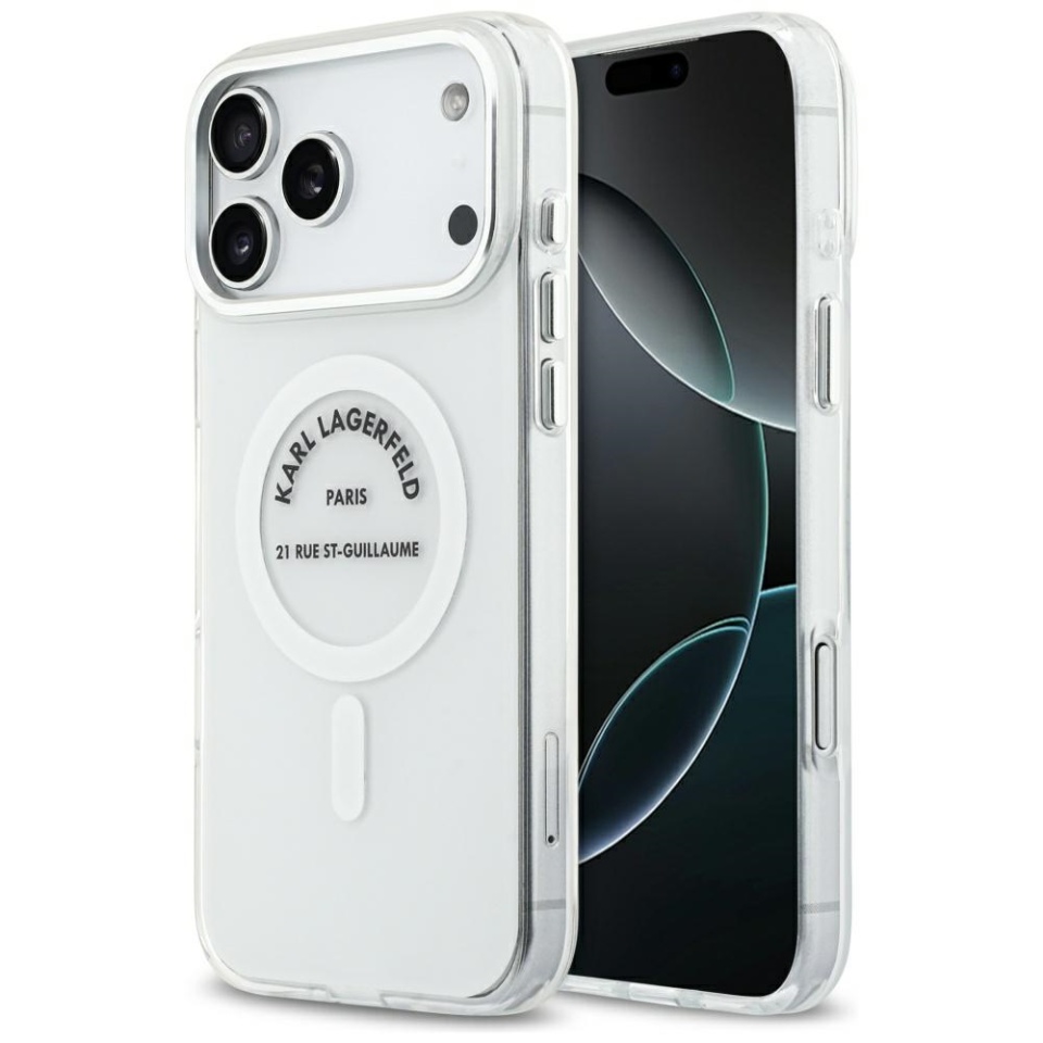 Husa pentru iPhone 17 Pro Max, IML Glitter K&C Heads Logo MagSafe, Clear Mono Karl&Choupette