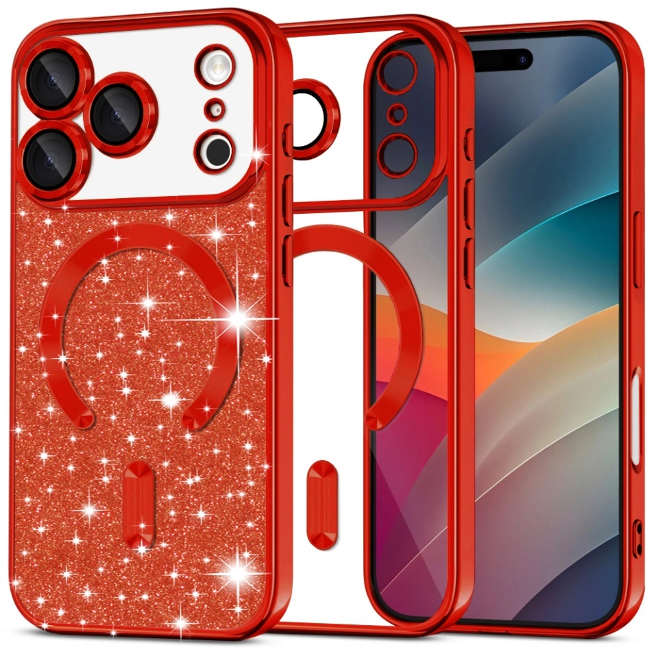 Husa pentru iPhone 17 Pro Max, SKYDDAR INNOVATION, Luxury Glitter Magsafe, Antisoc, Fundal Detasabil 2-in-1, Margini Ridicate, set cu sticker, Rosu