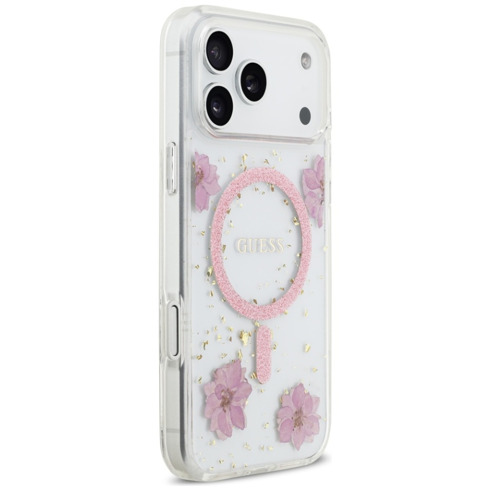 Husa pentru iPhone 17 Pro, Resin Flowers and Glitter MagSafe, Guess - Roz - 1 | YEO