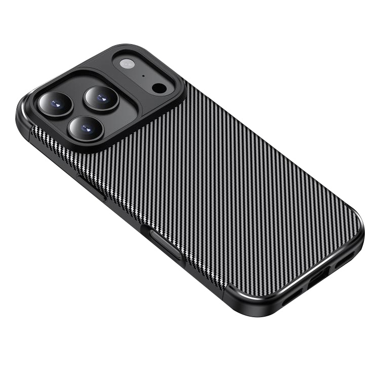 Husa pentru iPhone 17 Pro, SKYDDAR INNOVATION, CarbonFiber, Antisoc, set cu sticker, Negru
