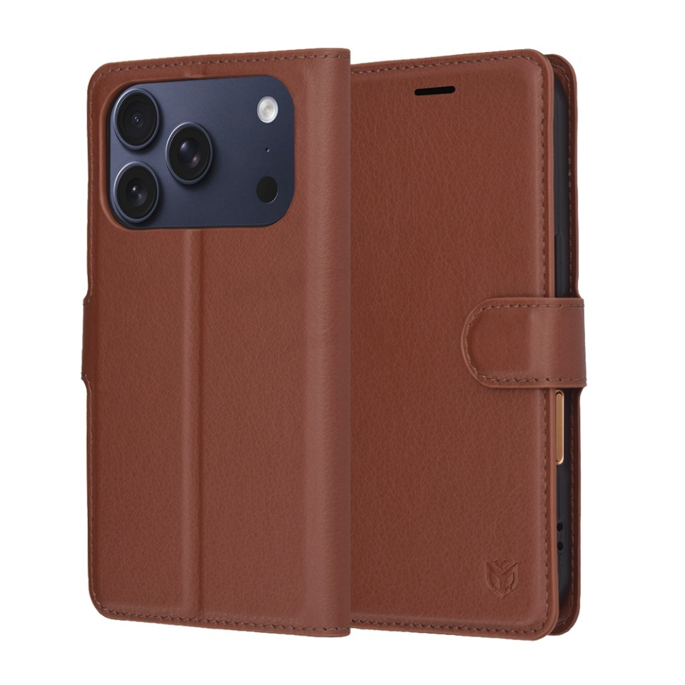 Husa pentru iPhone 17 Pro, SKYDDAR INNOVATION, Leather Folio tip Carte, cu Portofel Interior, Finisaje Premium, set cu sticker, Maro