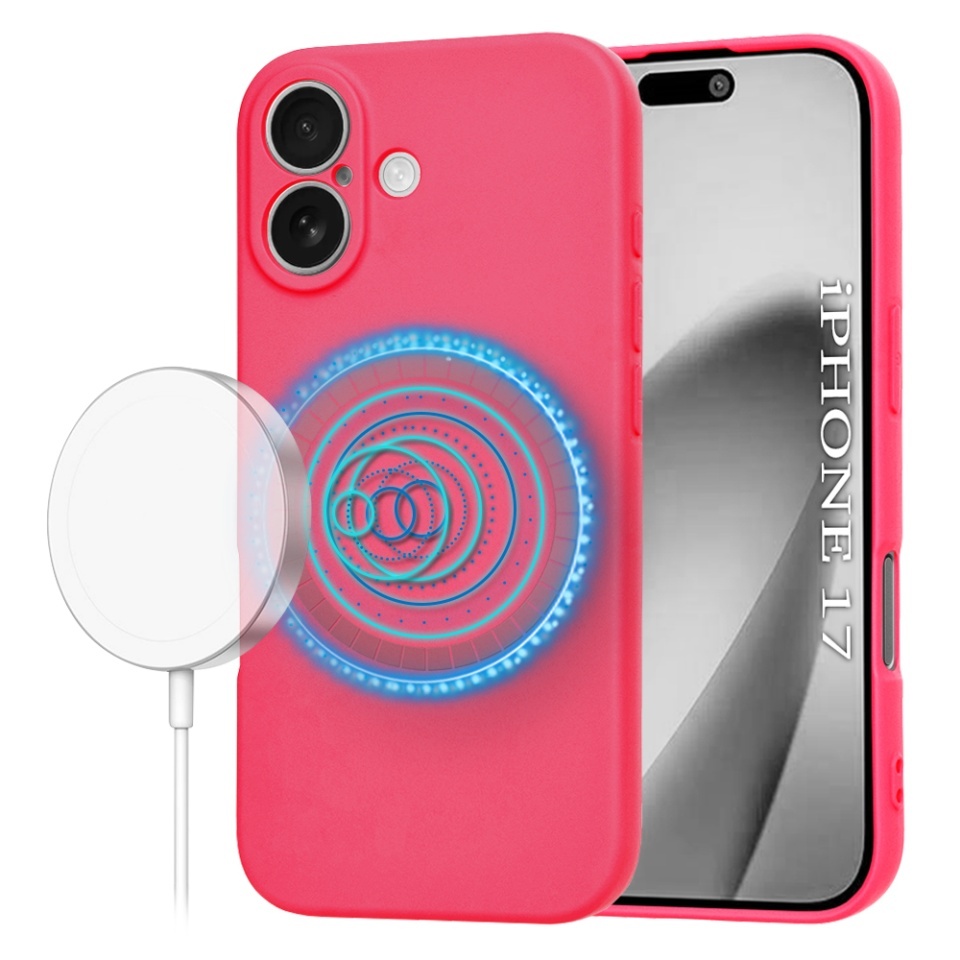 Husa pentru iPhone 17, SKYDDAR INNOVATION, din Silicon Catifelat, SoftFlex Magsafe, set cu sticker, Fucsia