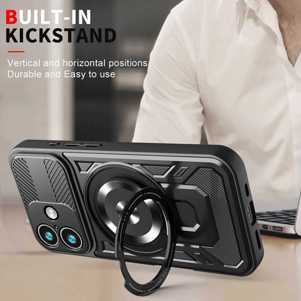 Husa pentru iPhone 17, SKYDDAR INNOVATION, RuggedCam, Inel magnetic antisoc, set cu sticker, Negru - 2 | YEO