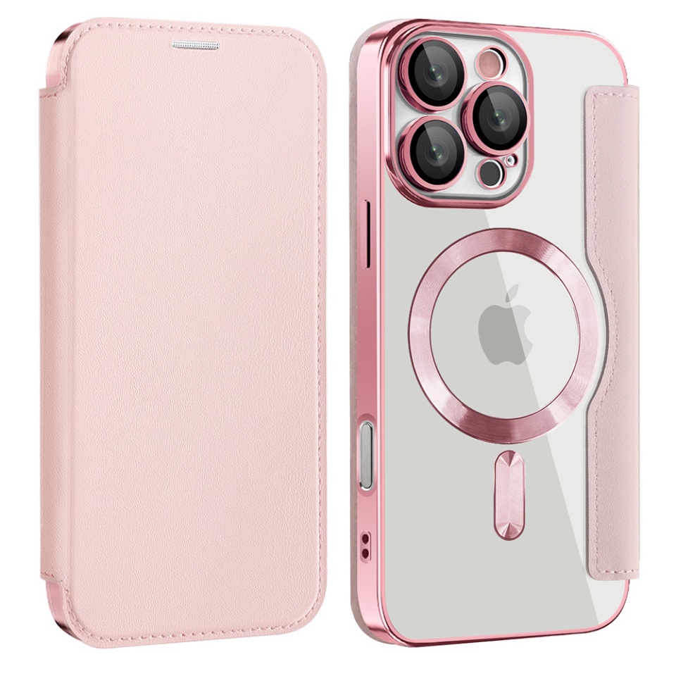 Husa pentru iPhone 17 tip carte, SKYDDAR INOVATION, SmartMag Book, Magsafe, RFiD, Suport Carduri, set cu sticker, Roz