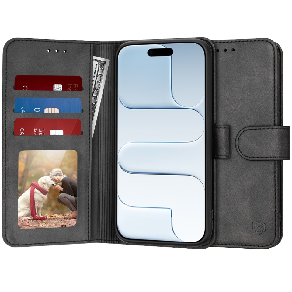 Husa pentru iPhone Air, SKYDDAR INNOVATION, Diary Book, tip carte, cu Portofel Interior, Antisoc, Negru, set cu sticker
