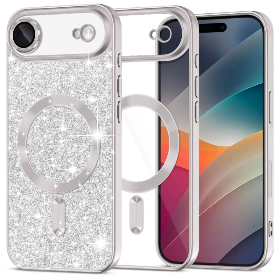 Husa pentru iPhone Air, SKYDDAR INNOVATION, Luxury Glitter Magsafe, Antisoc, Fundal Detasabil 2-in-1, Margini Ridicate, set cu sticker, Argintiu