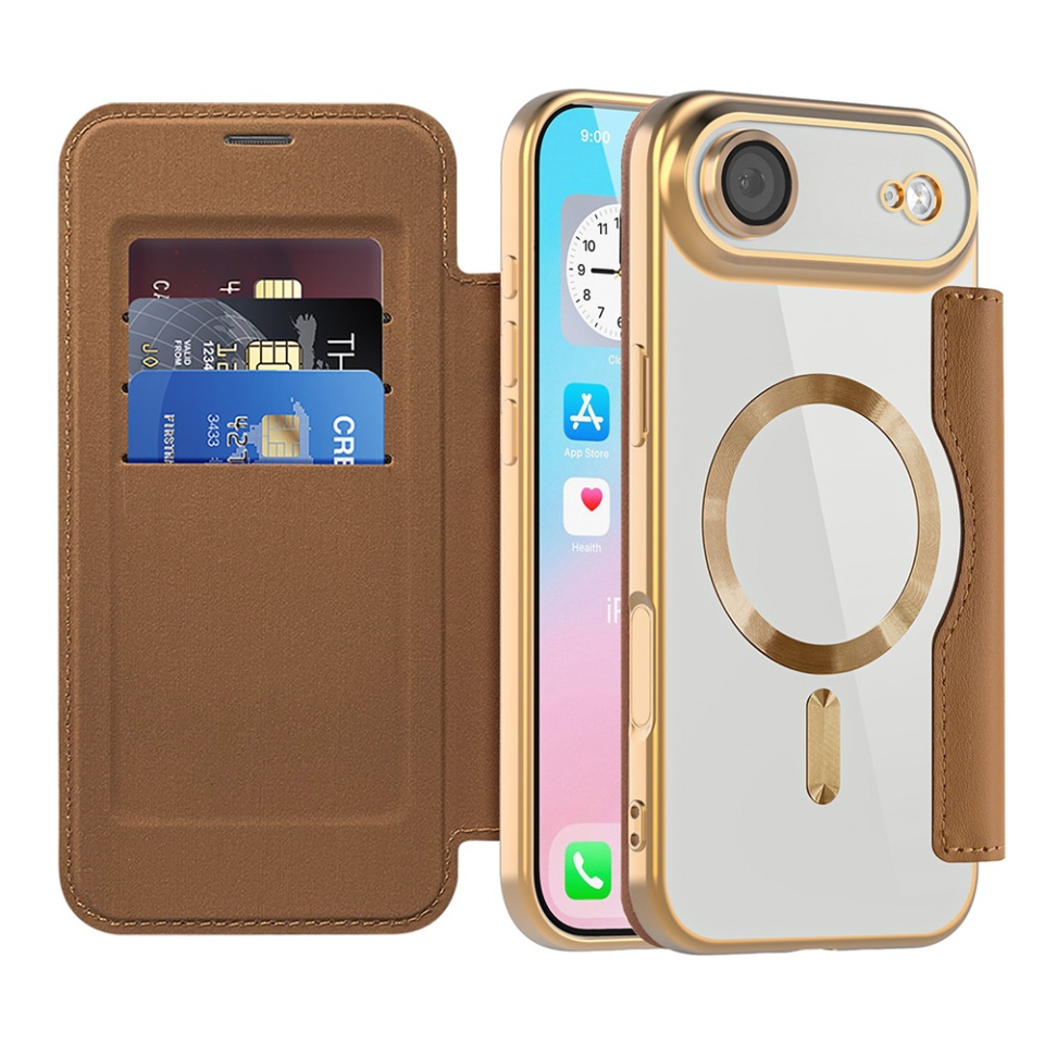 Husa pentru iPhone Air tip carte, SKYDDAR INOVATION, SmartMag Book, Magsafe, RFiD, Suport Carduri, set cu sticker, Maro