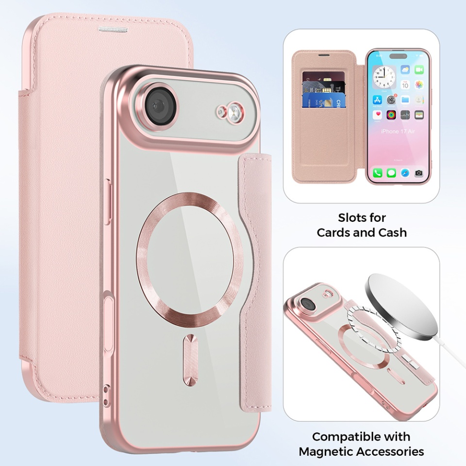 Husa pentru iPhone Air tip carte, SKYDDAR INOVATION, SmartMag Book, Magsafe, RFiD, Suport Carduri, set cu sticker, Roz - 2 | YEO