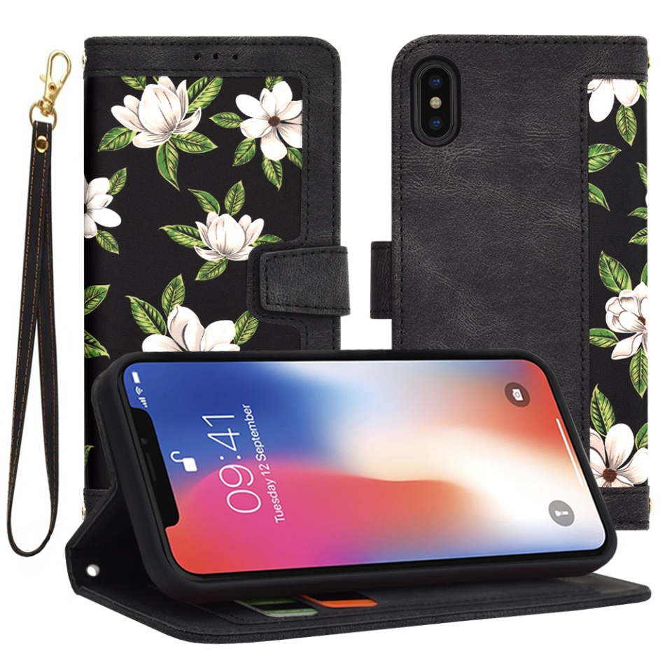 Husa pentru iPhone X, iPhone 10 / XS din Piele Ecologică cu Design Floral, Protecție 360°, Stand Integrat, Buzunare pentru Carduri, SKDR Floral Wallet - Negru