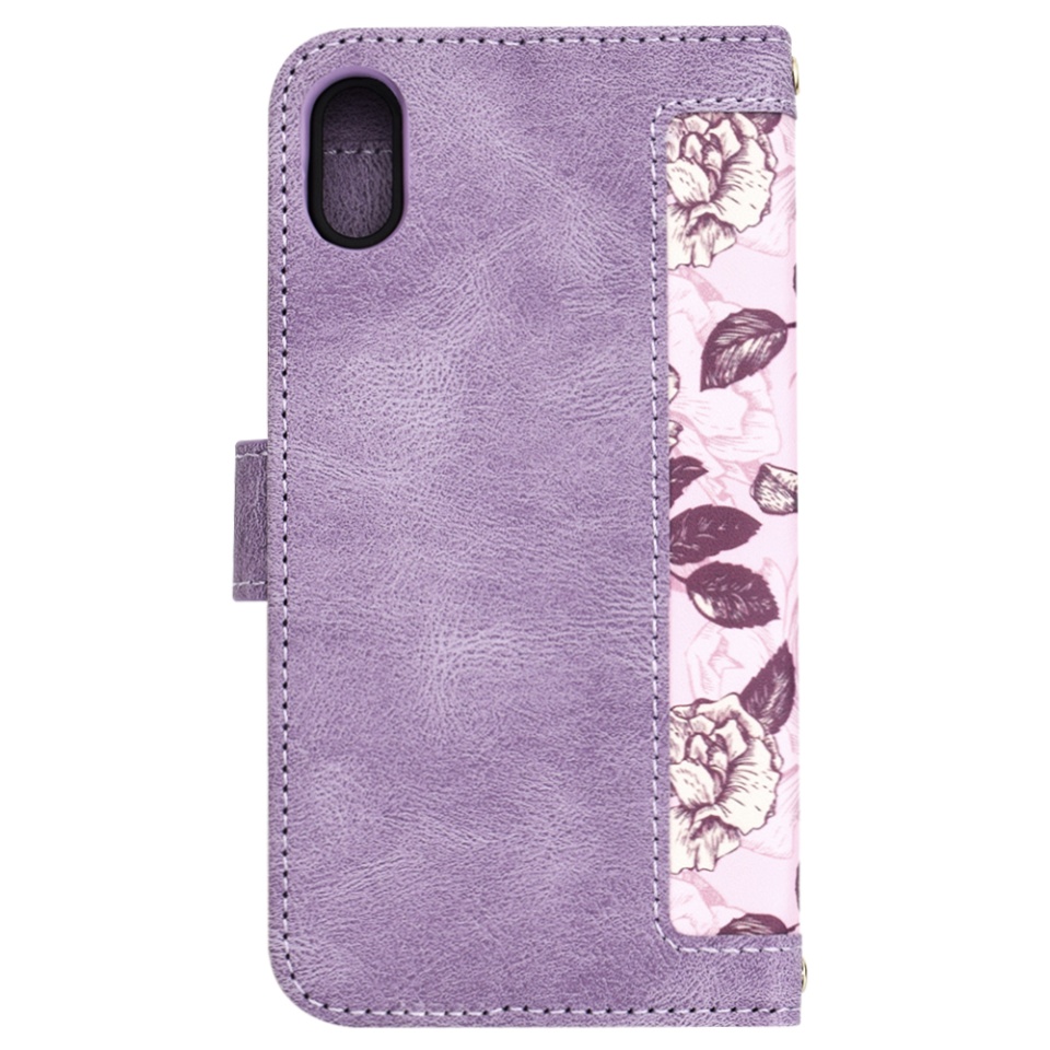 Husa pentru iPhone X, iPhone 10 / XS din Piele Ecologică cu Design Floral, Protecție 360°, Stand Integrat, Buzunare pentru Carduri, SKDR Floral Wallet - Mov - 3 | YEO