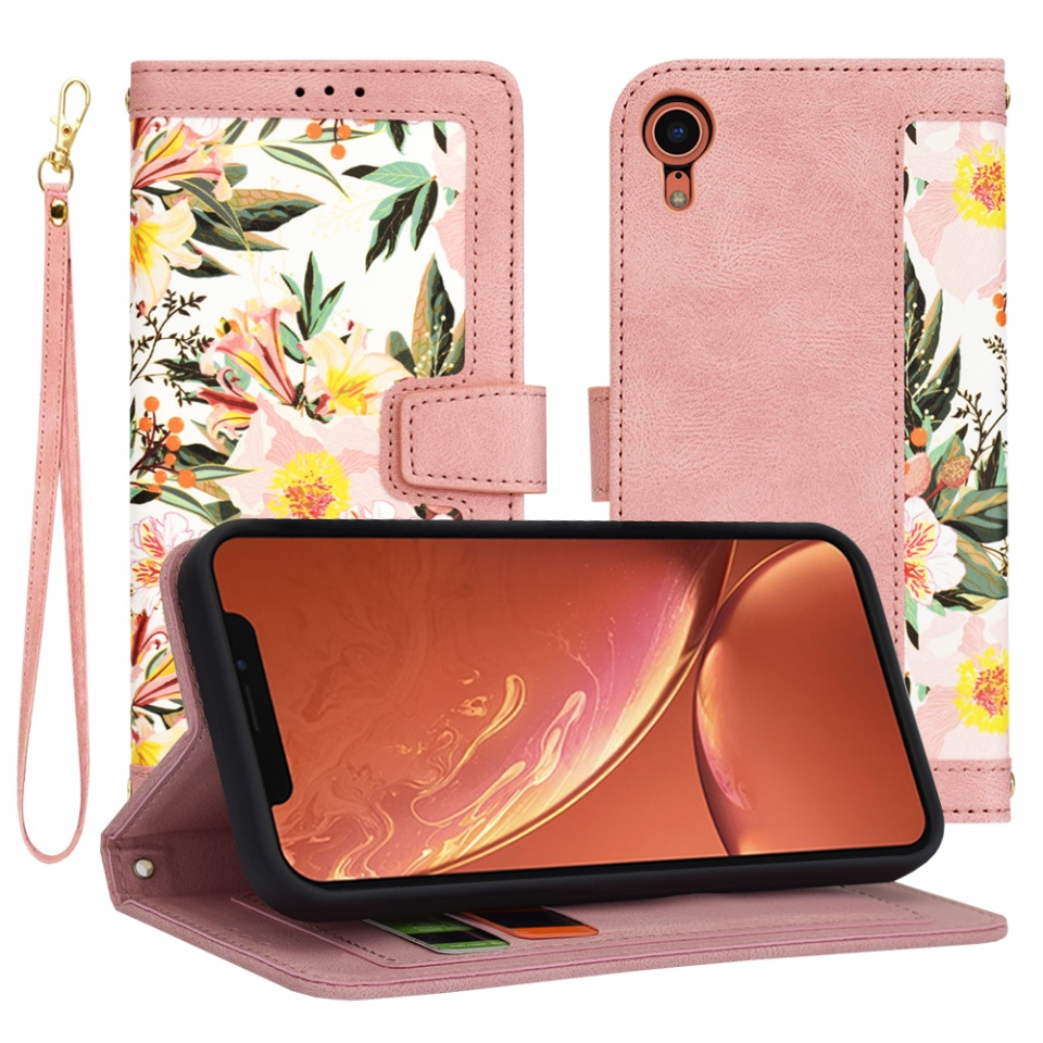 Husa pentru iPhone XR din Piele Ecologică cu Design Floral, Protecție 360°, Stand Integrat, Buzunare pentru Carduri, SKDR Floral Wallet - Roz